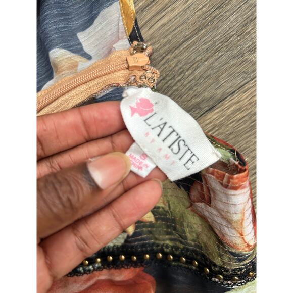 ❌SOLD❌ L'Atiste Burnt Orange Floral Semi Sheer Deep V Maxi Dress Size Small - Picture 10 of 11